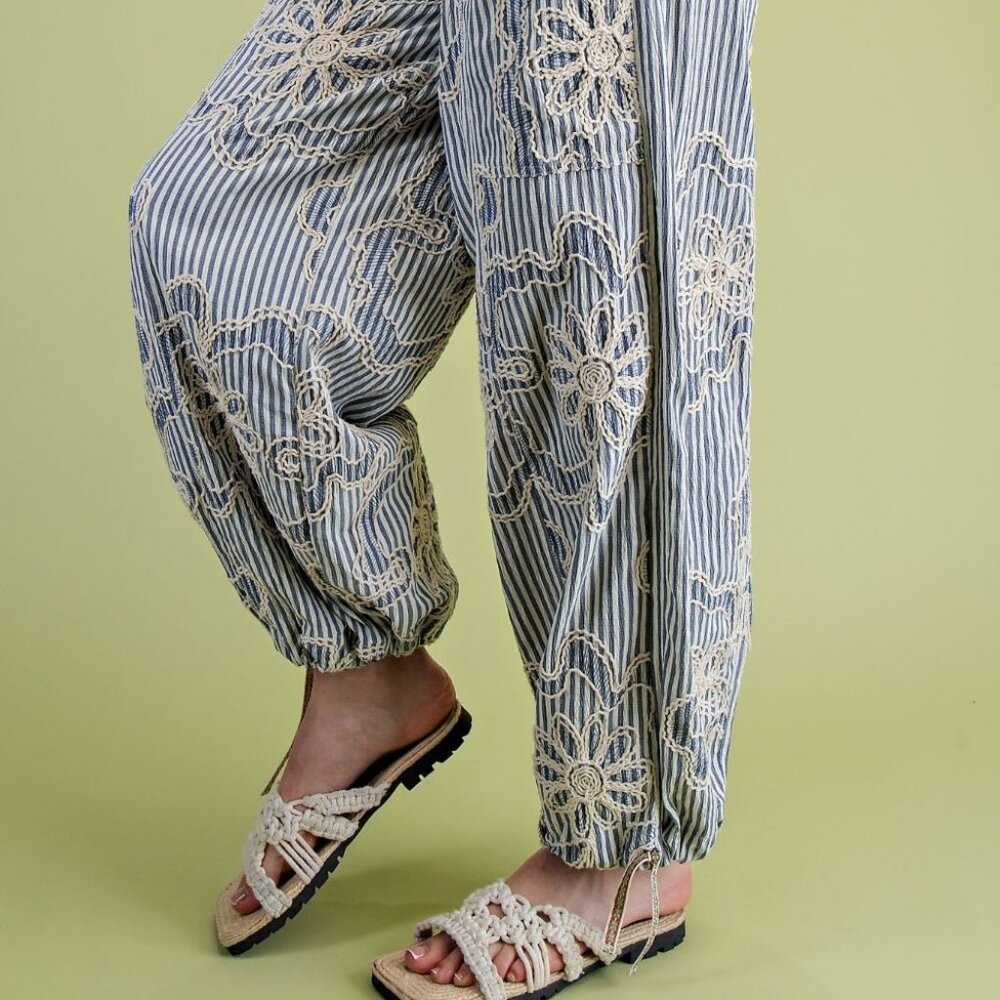 E20 EASEL EMBROIDERY STRIPED WOVEN PANTS IN DENIM BLUE - Picture 5 of 7